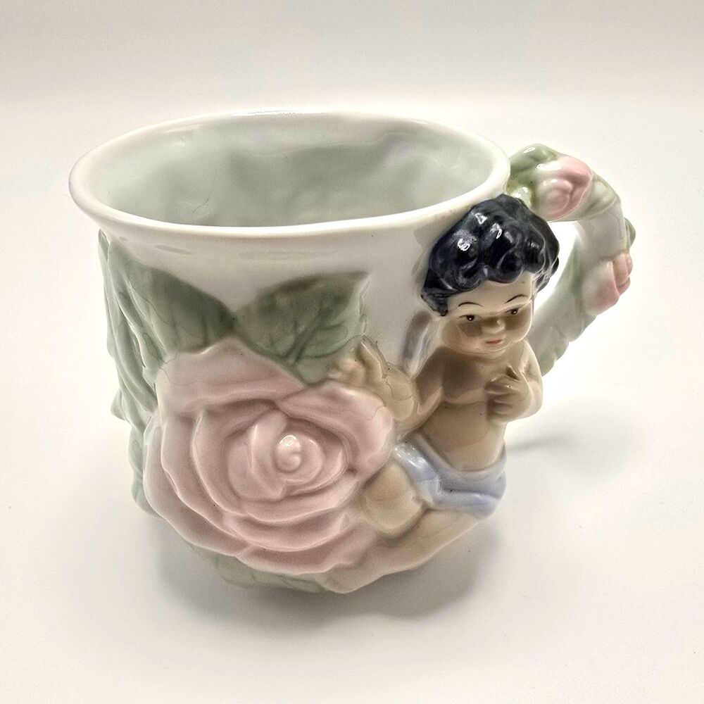 Vintage 1998 Avon Dark Hair Cherub Angel Floral Rose Decorated Ceramic  Mug